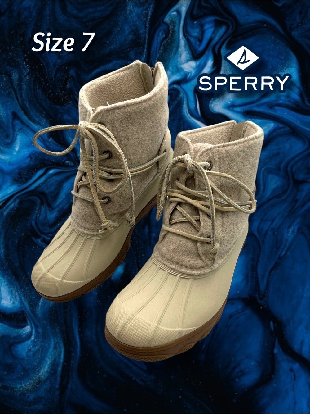 Sperry Saltwater Wedge Tide Wool Duck Boots Beige Cream Sz 7